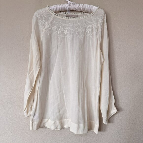 LOFT Size Medium Embroidered Floral Neckline Long Sleeve Rayon Off White Blouse - Picture 3 of 9